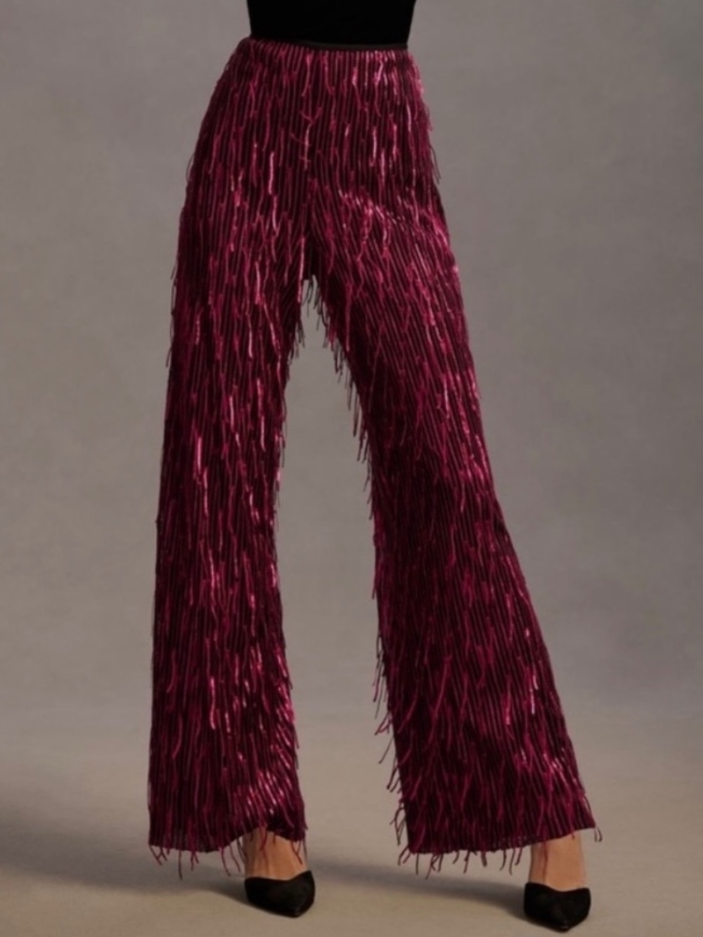 Anthropologie Wine Fringe Wide-Leg Velvet Pants